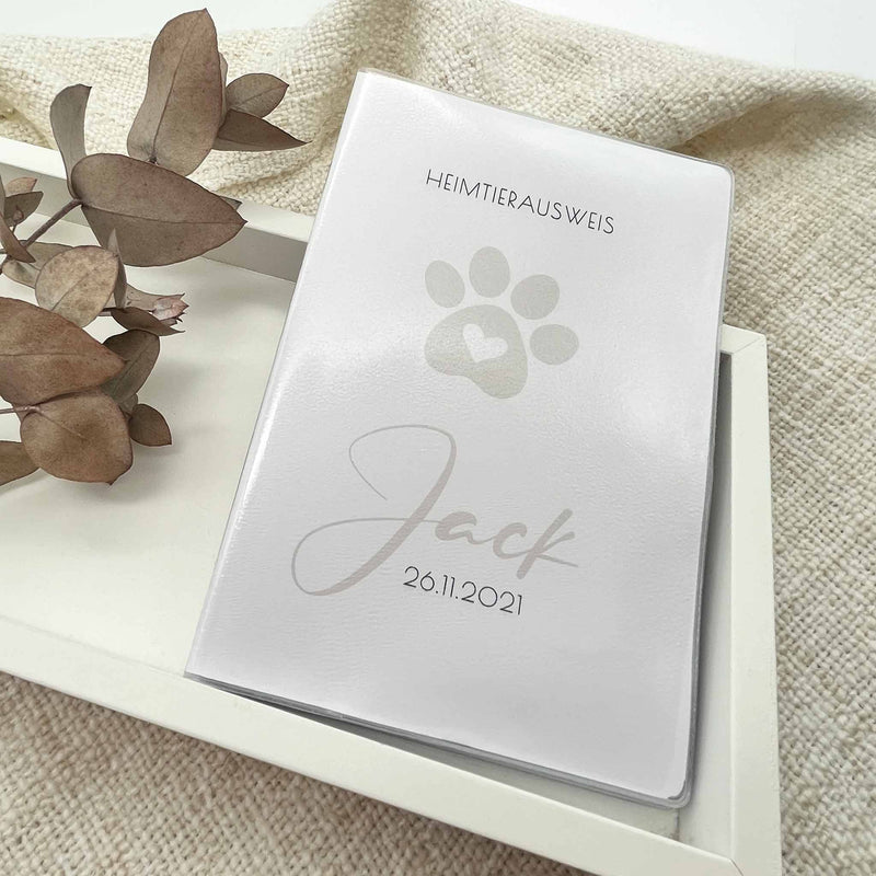 herzjubel Schutzhülle für EU Heimtierausweis/Impfpass ⋙PAW LOVE⋘ Personalisierungsbeispiel taupe