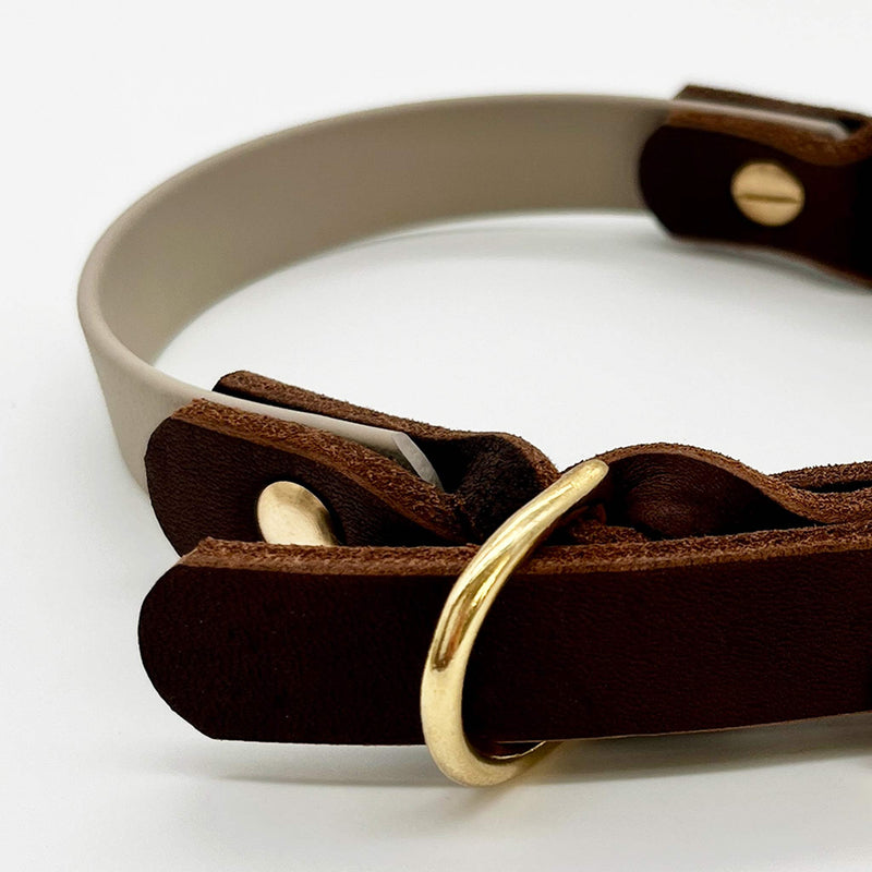 herzjubel Hundehalsband Biothane x Leder taupe/dunkelbraun ⋙NATURAL ELEGANCE WALKIE⋘