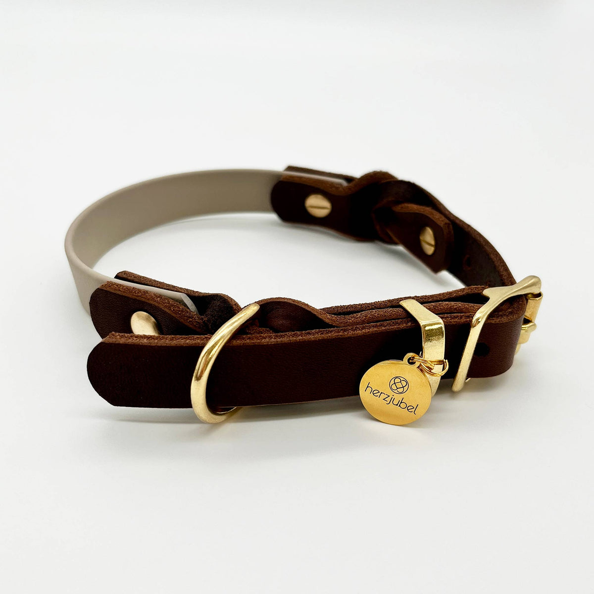herzjubel Hundehalsband Biothane x Leder taupe/dunkelbraun ⋙NATURAL ELEGANCE WALKIE⋘
