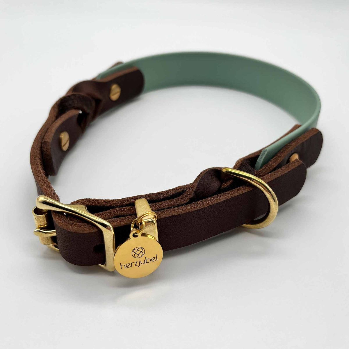 herzjubel Hundehalsband Biothane x Leder salbeigrün/dunkelbraun ⋙SAGE SENSATION WALKIE⋘