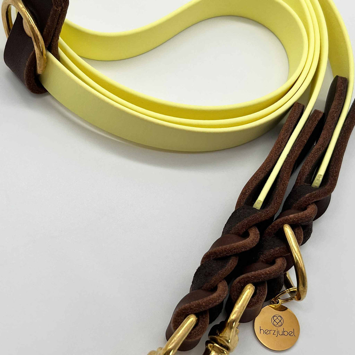 herzjubel Hundeleine Komfort Biothane x Leder gelb/dunkelbraun⋙LEMON LOVE WALKIE⋘