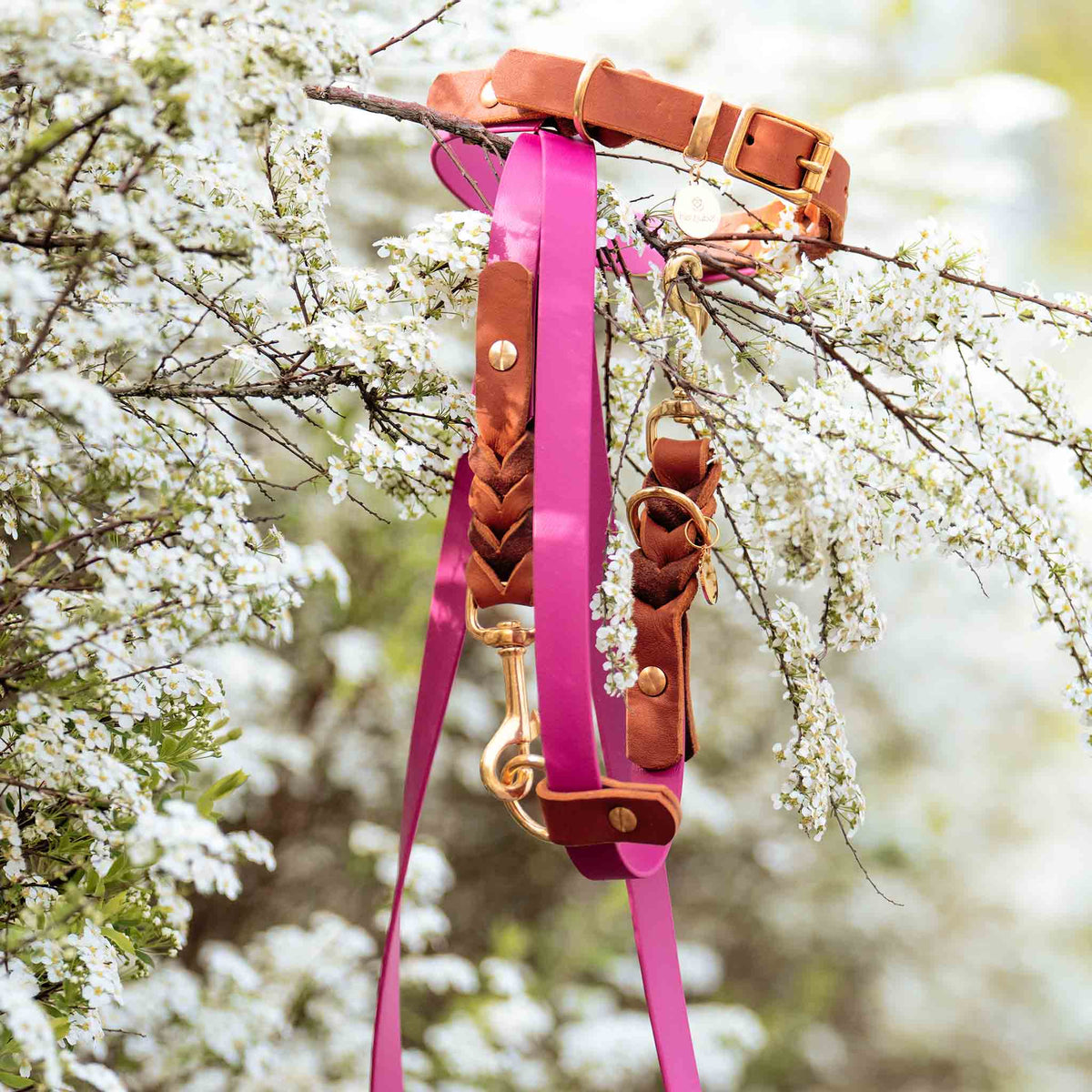herzjubel Set Komfort Biothane x Leder magenta/cognac ⋙PINK PASSION WALKIE⋘
