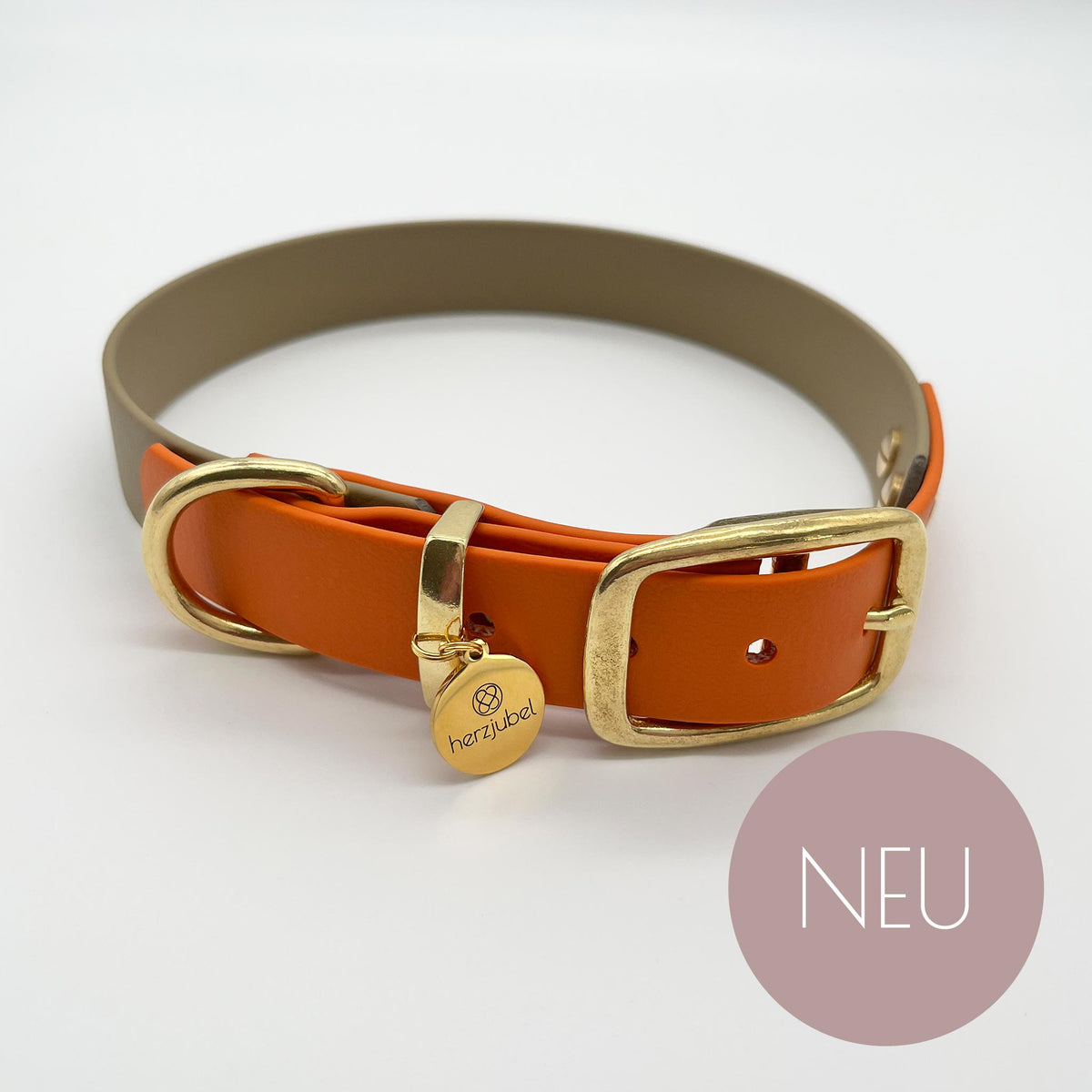 NEU herzjubel Hundehalsband Biothane khaki/orange ⋙GOLDEN AMBER WALKIE⋘