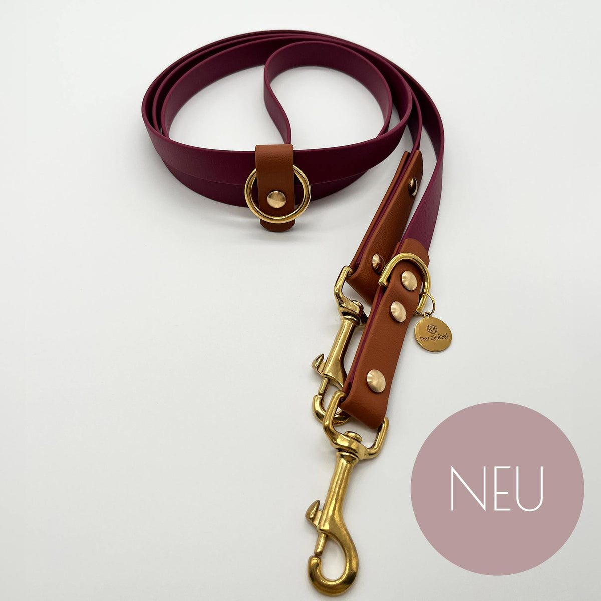 NEU herzjubel Hundeleine Komfort Biothane burgundyrot/cognac ⋙AUTUMN GLOW WALKIE⋘