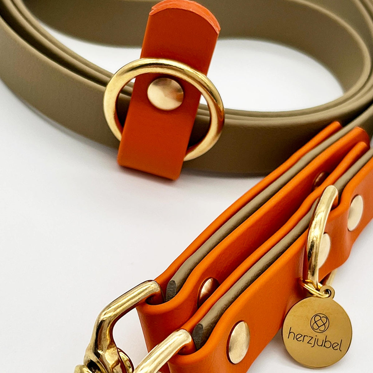 herzjubel Hundeleine Komfort Biothane khaki/orange ⋙GOLDEN AMBER WALKIE⋘ Details