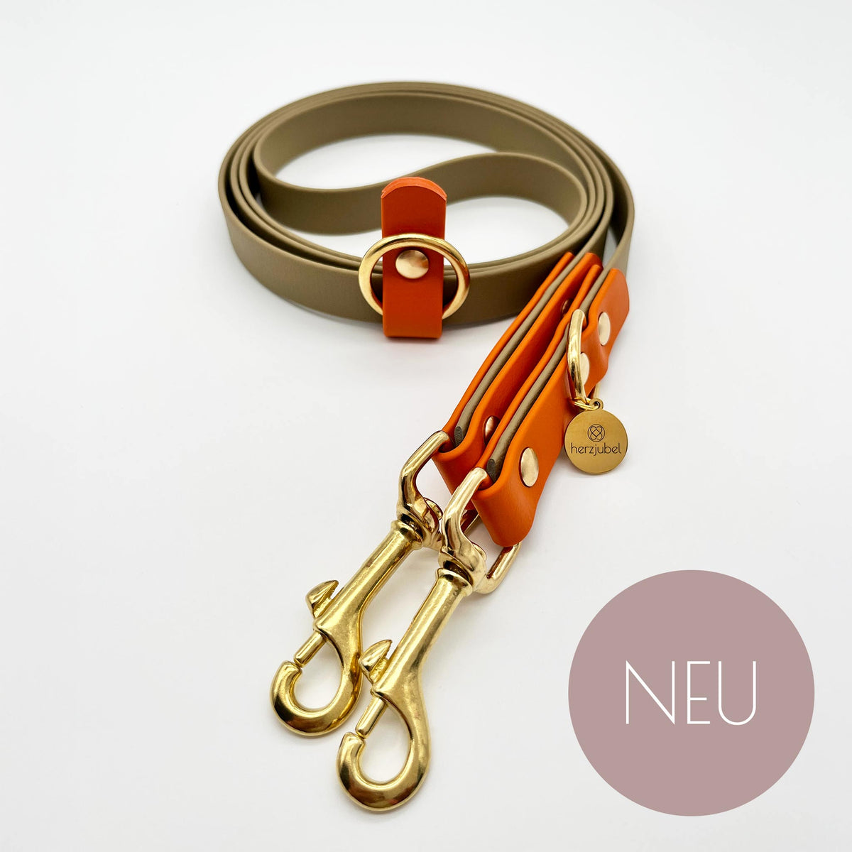 NEU herzjubel Hundeleine Komfort Biothane khaki/orange ⋙GOLDEN AMBER WALKIE⋘