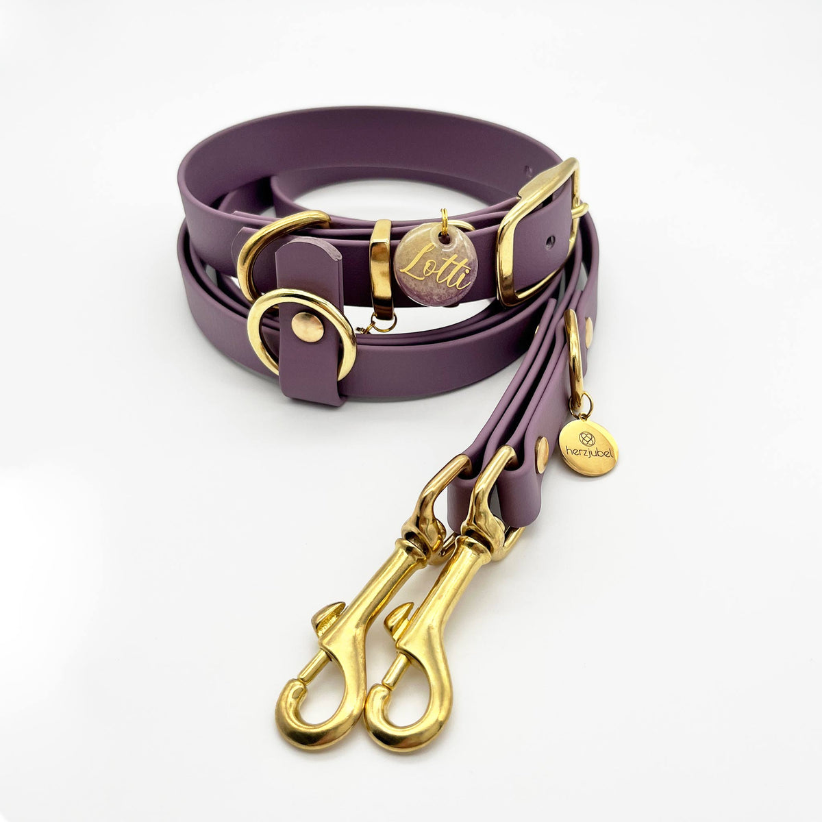 herzjubel Set Biothane lila ⋙LAVENDER LOVE WALKIE⋘ mit Hundemarke ⋙SUNSET LOVE⋘