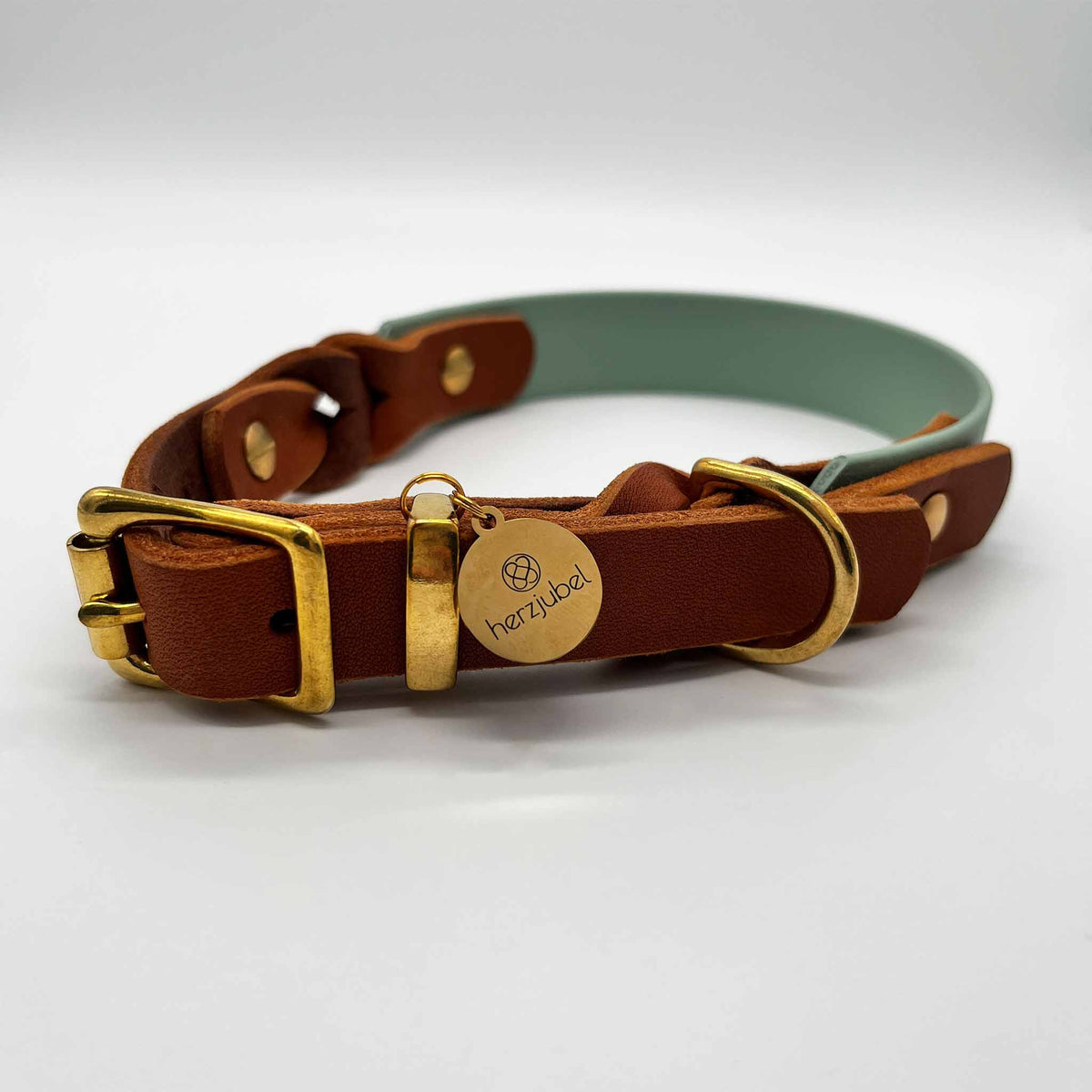 herzjubel Hundehalsband Biothane x Leder salbeigrün/cognac ⋙SAGE SENSATION WALKIE⋘