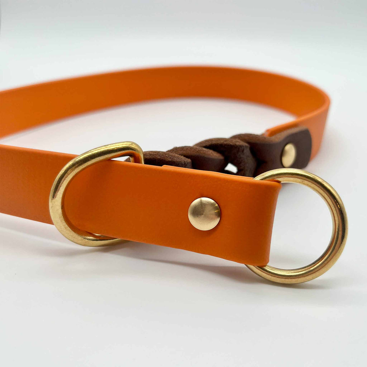 Hundehalsband Zugstopp Biothane x Leder 25 mm orange/cognac ⋙NATURE´S HARMONY WALKIE⋘