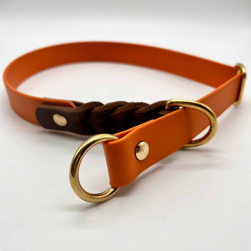 Hundehalsband Zugstopp Biothane x Leder 25 mm orange/cognac ⋙NATURE´S HARMONY WALKIE⋘