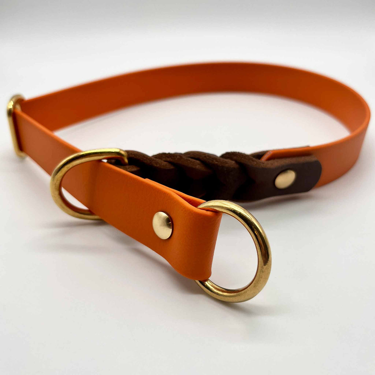 Hundehalsband Zugstopp Biothane x Leder 25 mm orange/cognac ⋙NATURE´S HARMONY WALKIE⋘