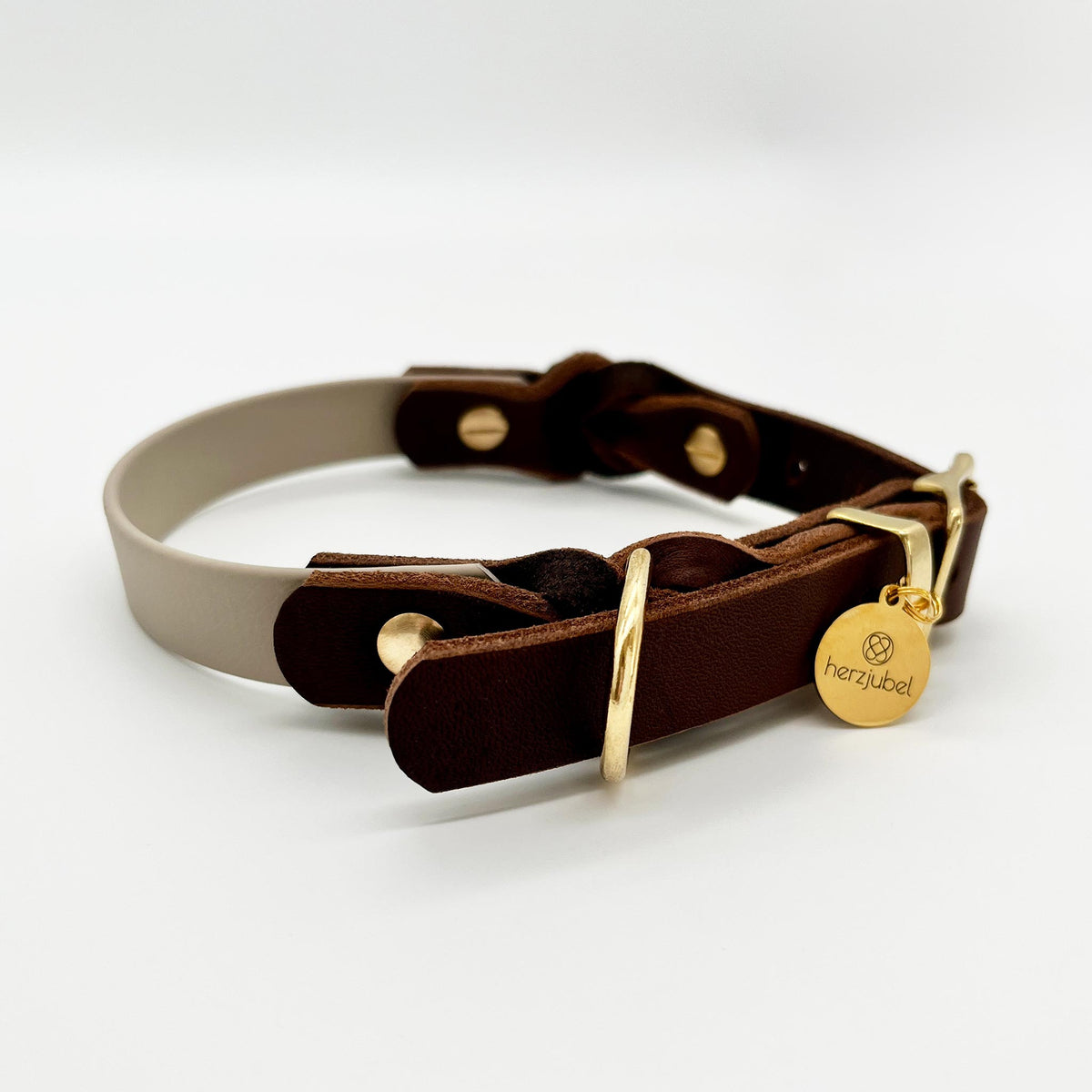 herzjubel Hundehalsband Biothane x Leder taupe/dunkelbraun ⋙NATURAL ELEGANCE WALKIE⋘