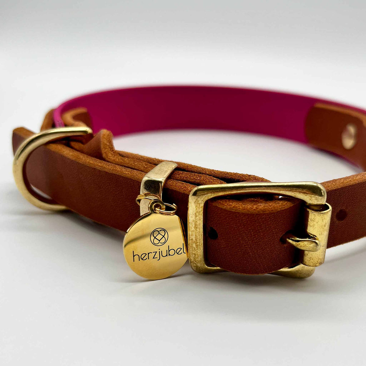 Hundehalsband Biothane x Leder ⋙PINK PASSION WALKIE⋘ magenta/cognac mit goldenen Beschlägen