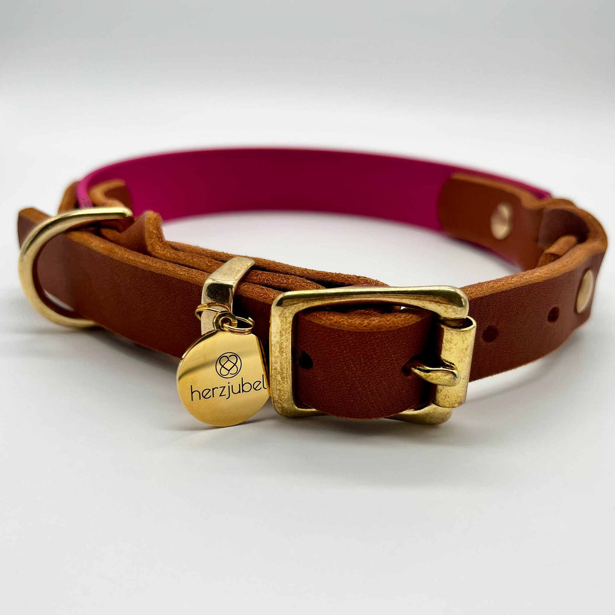 Hundehalsband Biothane x Leder ⋙PINK PASSION WALKIE⋘ magenta/cognac mit goldenen Beschlägen