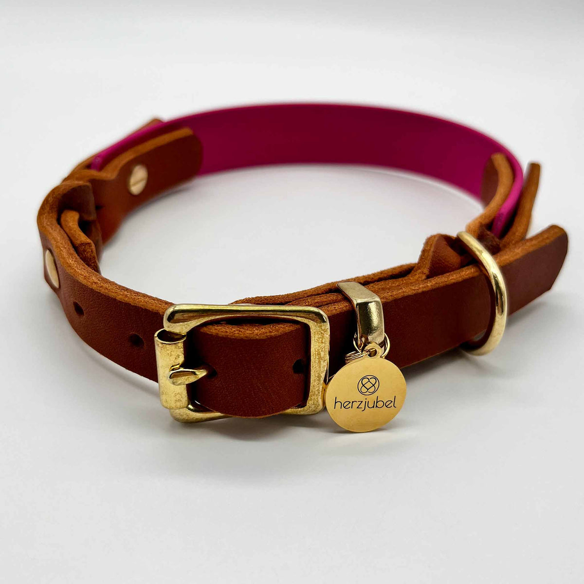 herzjubel Hundehalsband Biothane x Leder ⋙PINK PASSION WALKIE⋘ magenta/cognac mit goldenen Beschlägen