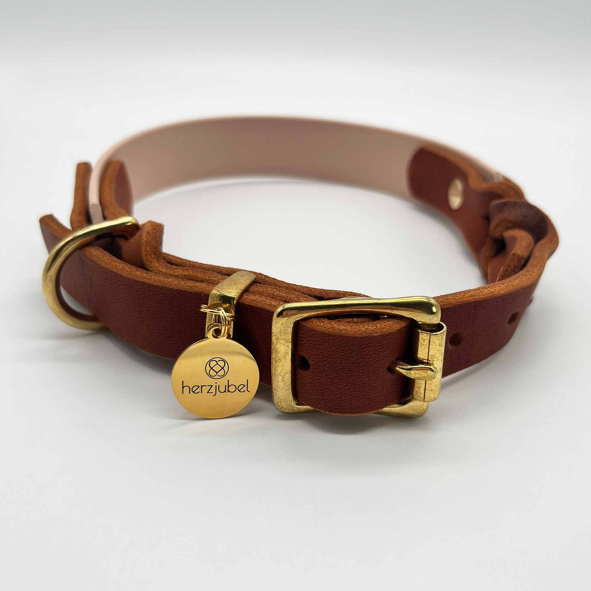 herzjubel Hundehalsband Biothane x Leder puderbeige/cognac ⋙PEACH BLOSSOM WALKIE⋘