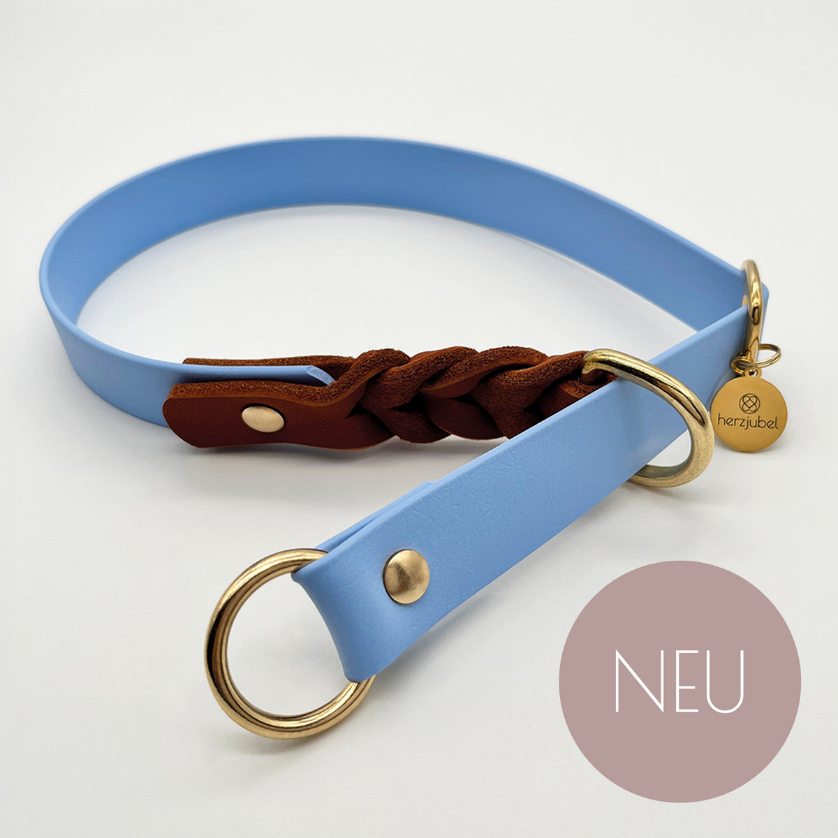 NEU herzjubel Hundehalsband Zugstopp Biothane x Leder hellblau/cognac ⋙BLUE SKY WALKIE⋘