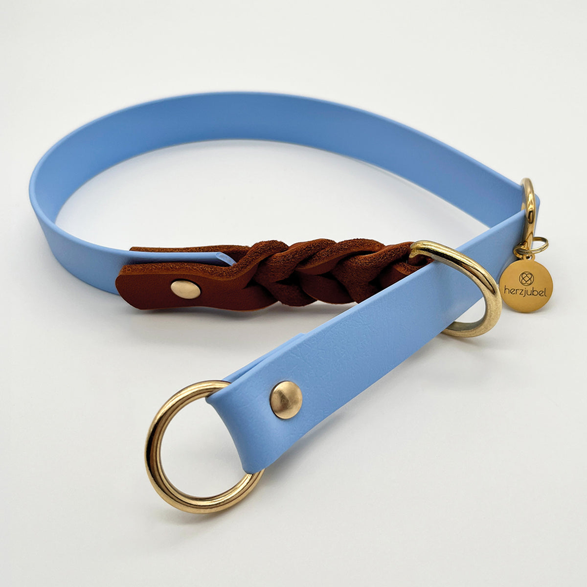 herzjubel Hundehalsband Zugstopp Biothane x Leder hellblau/cognac ⋙BLUE SKY WALKIE⋘