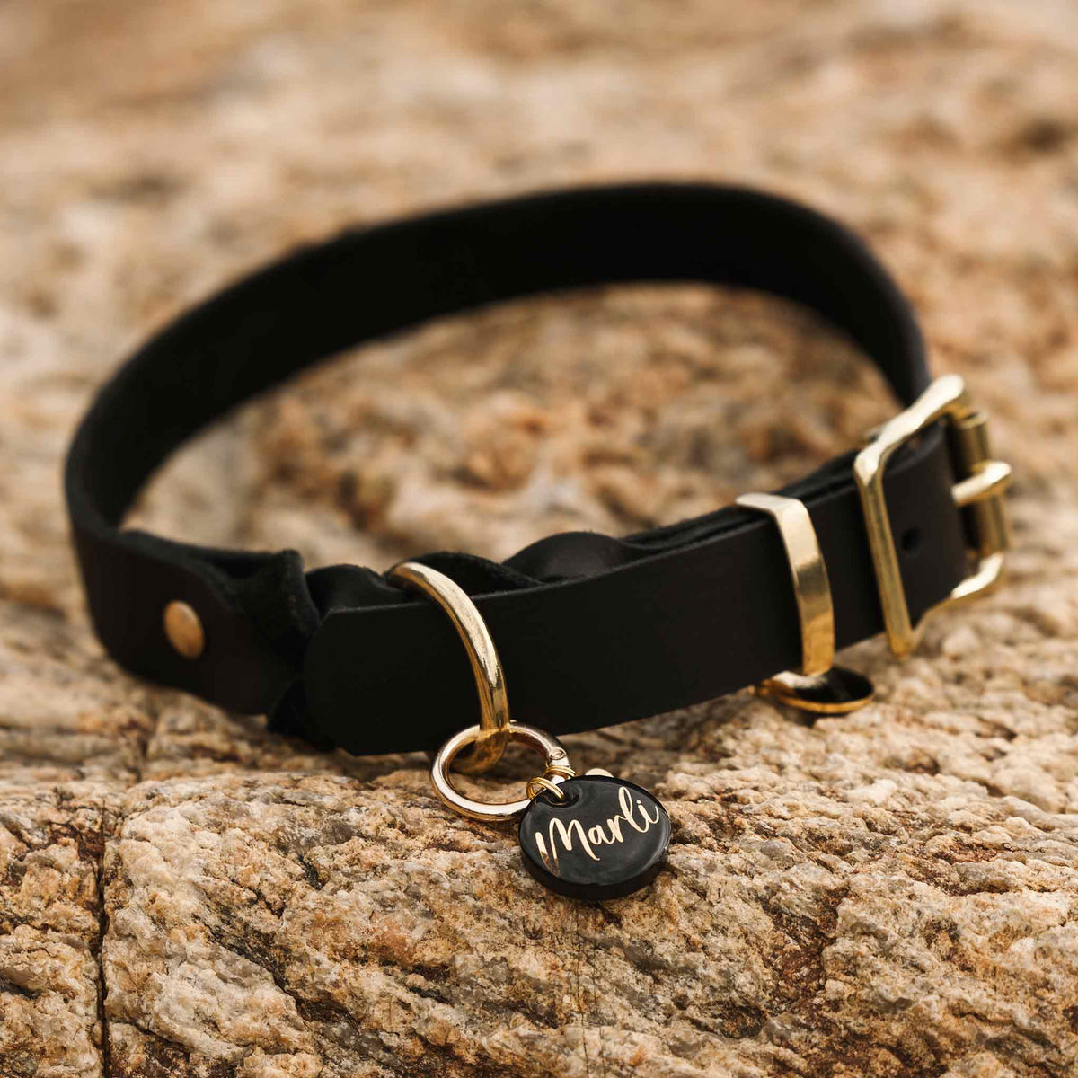 herzjubel Fettleder Halsband ⋙ALL BLACK WALKIE⋘ mit Hundemarke ⋙BLACK ESSENTIAL⋘
