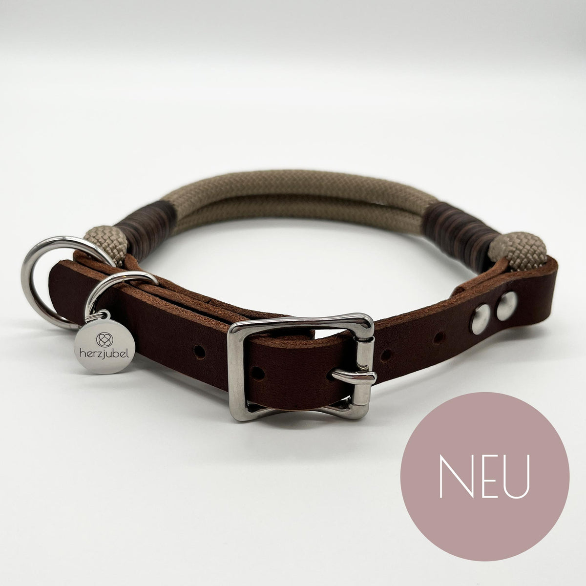 NEU herzjubel Hundehalsband Seil x Leder taupe/dunkelbraun ⋙CAPPUCCINO CHARM WALKIE⋘