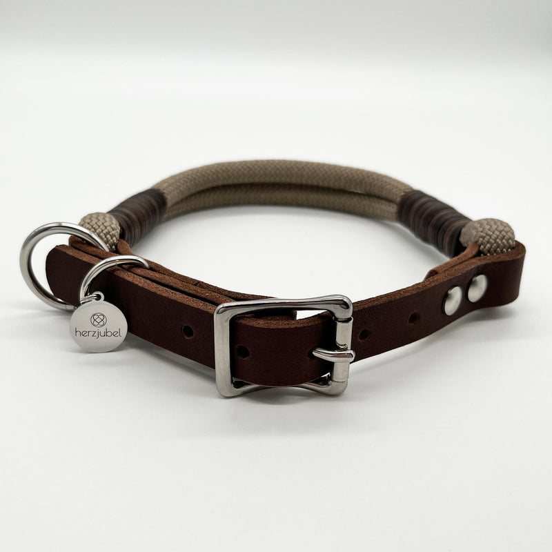 herzjubel Hundehalsband Seil x Leder taupe/dunkelbraun ⋙CAPPUCCINO CHARM WALKIE⋘