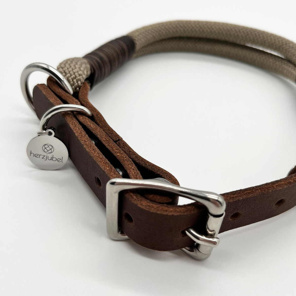 herzjubel Hundehalsband Seil x Leder taupe/dunkelbraun ⋙CAPPUCCINO CHARM WALKIE⋘