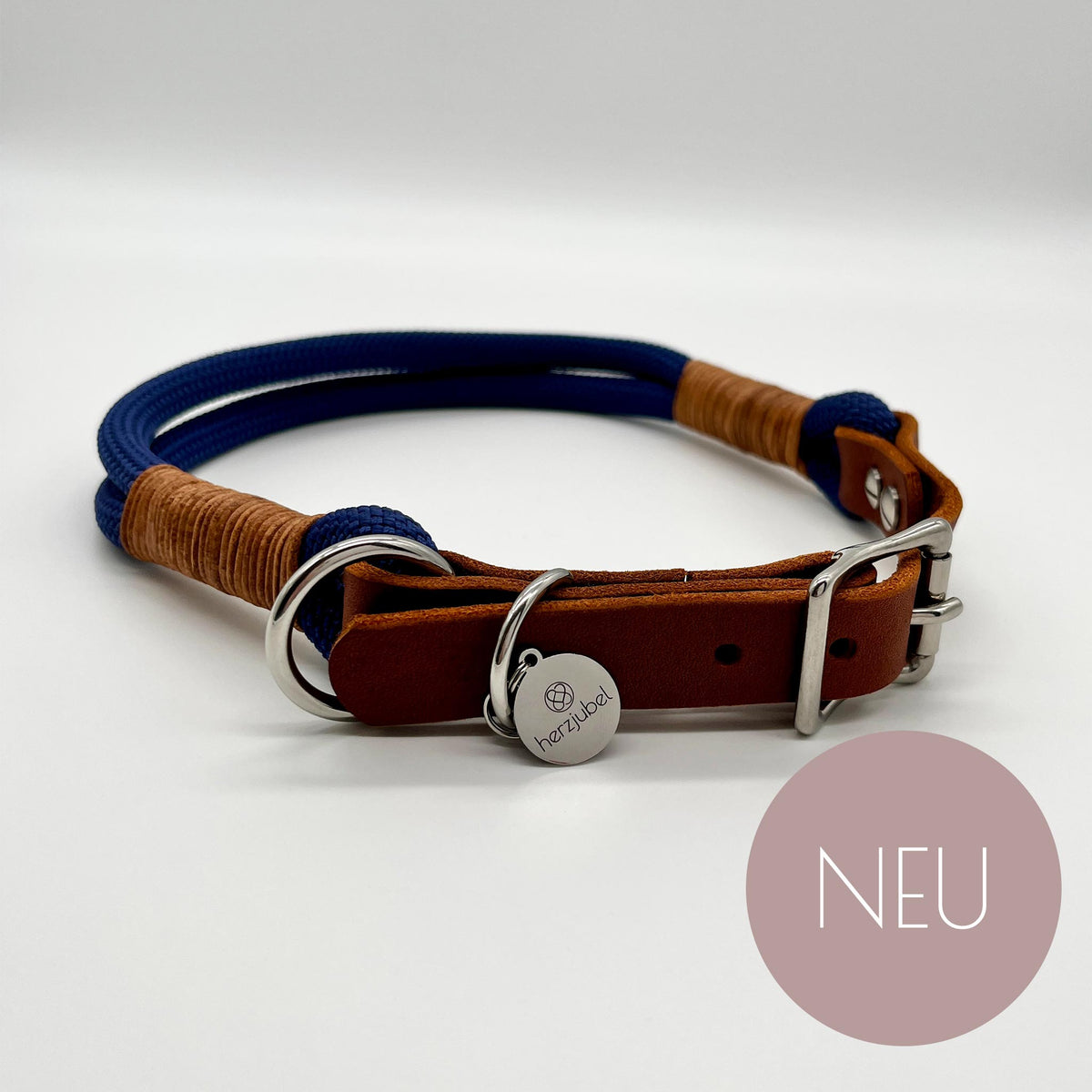 NEU herzjubel Hundehalsband Seil x Leder dunkelblau/cognac ⋙MIDNIGHT MAGIC WALKIE⋘