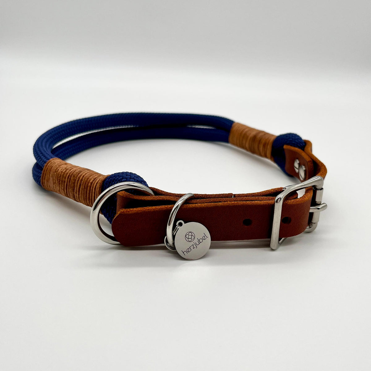 Hundehalsband Seil x Leder dunkelblau/cognac ⋙MIDNIGHT MAGIC WALKIE⋘