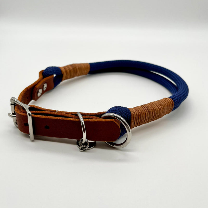 herzjubel Hundehalsband Seil x Leder dunkelblau/cognac ⋙MIDNIGHT MAGIC WALKIE⋘