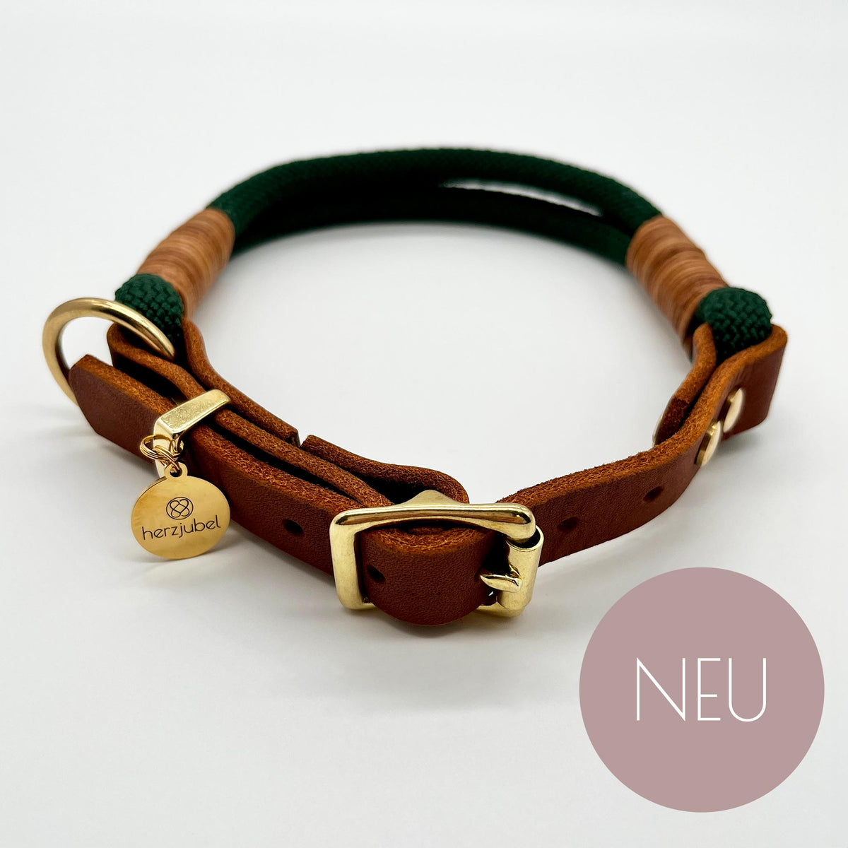 NEU herzjubel Hundehalsband Seil x Leder dunkelgrün/cognac ⋙MOSSY MYSTIQUE WALKIE⋘