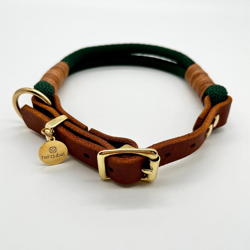 herzjubel Hundehalsband Seil x Leder dunkelgrün/cognac ⋙MOSSY MYSTIQUE WALKIE⋘