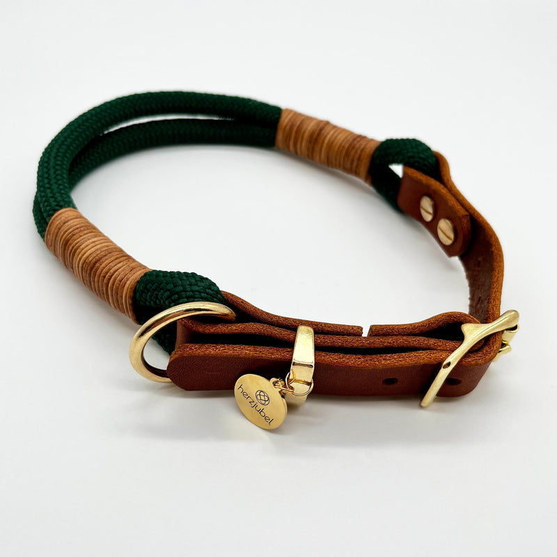 herzjubel Hundehalsband Seil x Leder dunkelgrün/cognac ⋙MOSSY MYSTIQUE WALKIE⋘