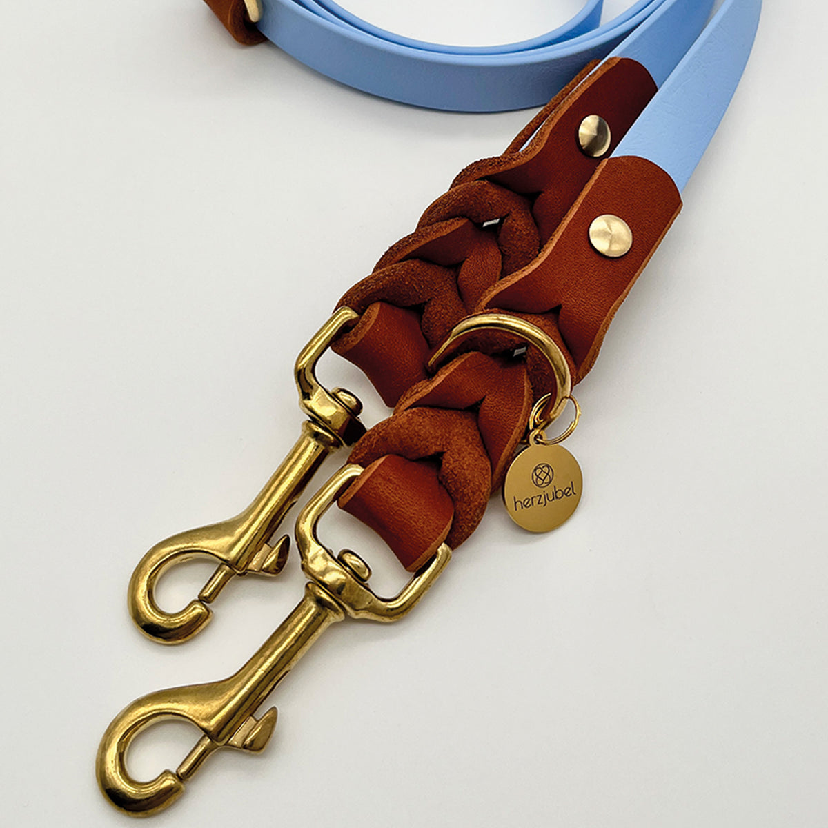 herzjubel Hundeleine Komfort Biothane x Leder hellblau/cognac ⋙SKY BLUE WALKIE⋘ Details Messing