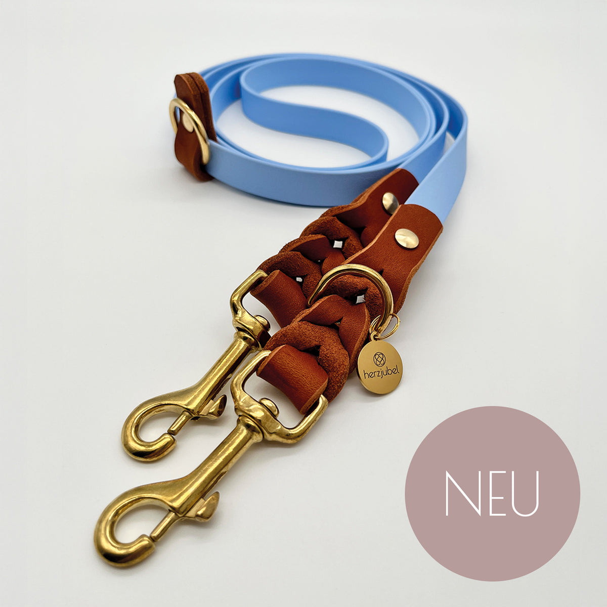 NEU herzjubel Hundeleine Komfort Biothane x Leder hellblau/cognac ⋙SKY BLUE WALKIE⋘