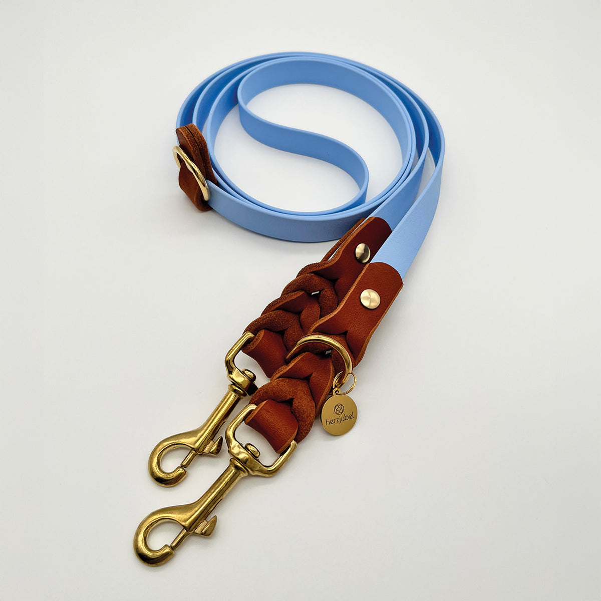 herzjubel Hundeleine Komfort Biothane x Leder hellblau/cognac ⋙SKY BLUE WALKIE⋘