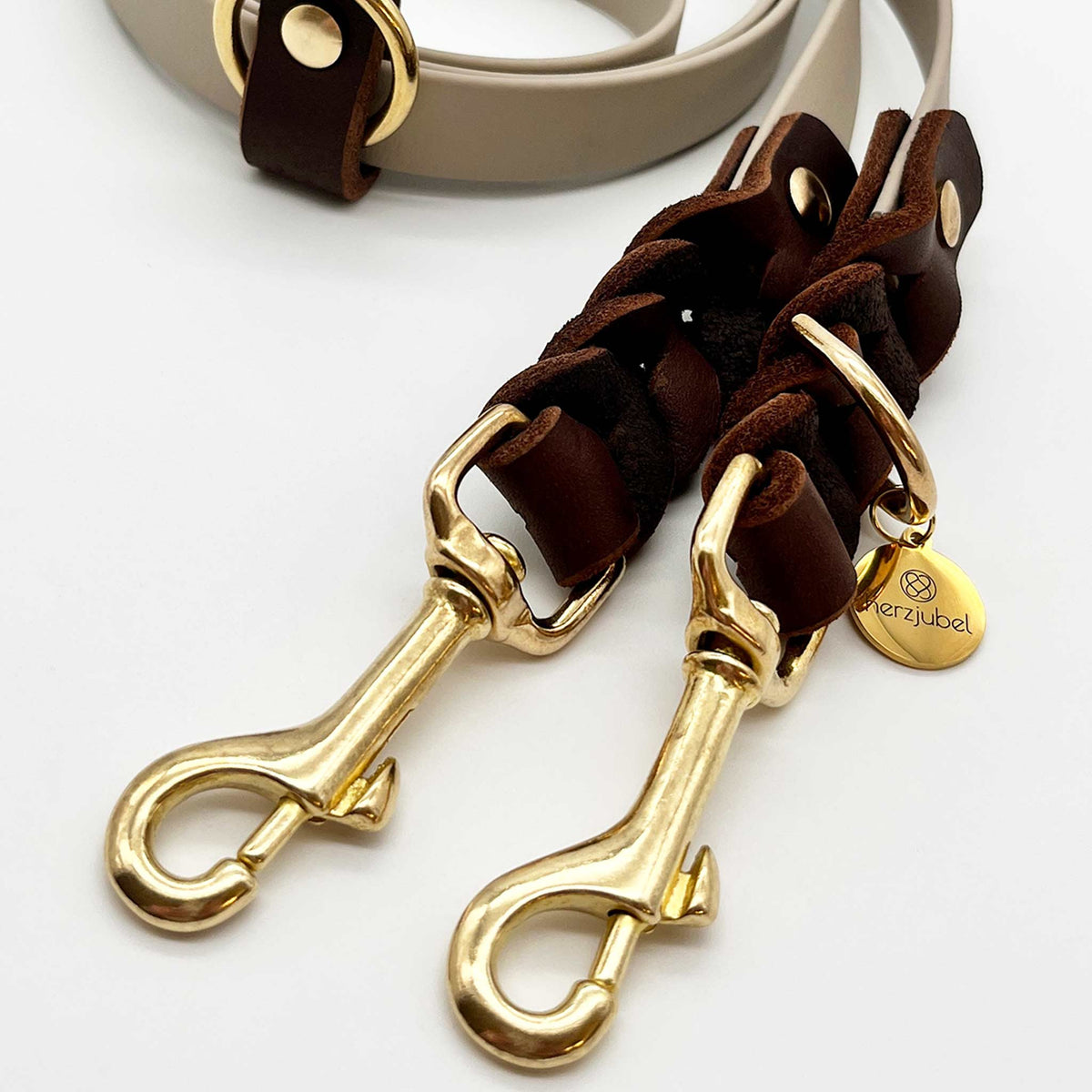 herzjubel Hundeleine Komfort Biothane x Leder taupe/dunkelbraun ⋙NATURAL ELEGANCE WALKIE⋘ Details