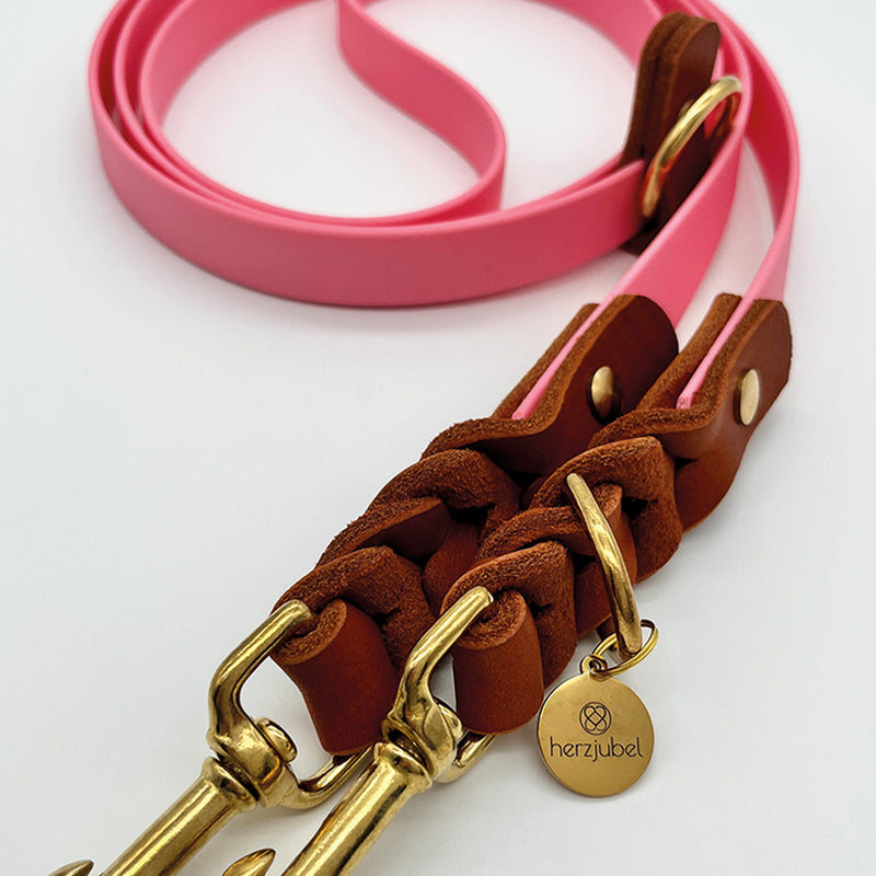 herzjubel Hundeleine Komfort Biothane x Leder rosa/cognac ⋙PINK GLOW WALKIE⋘ Details