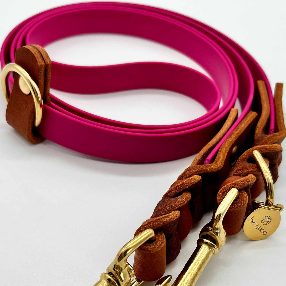 herzjubel Hundeleine Komfort Biothane x Leder magenta/cognac ⋙PINK PASSION WALKIE⋘ Details