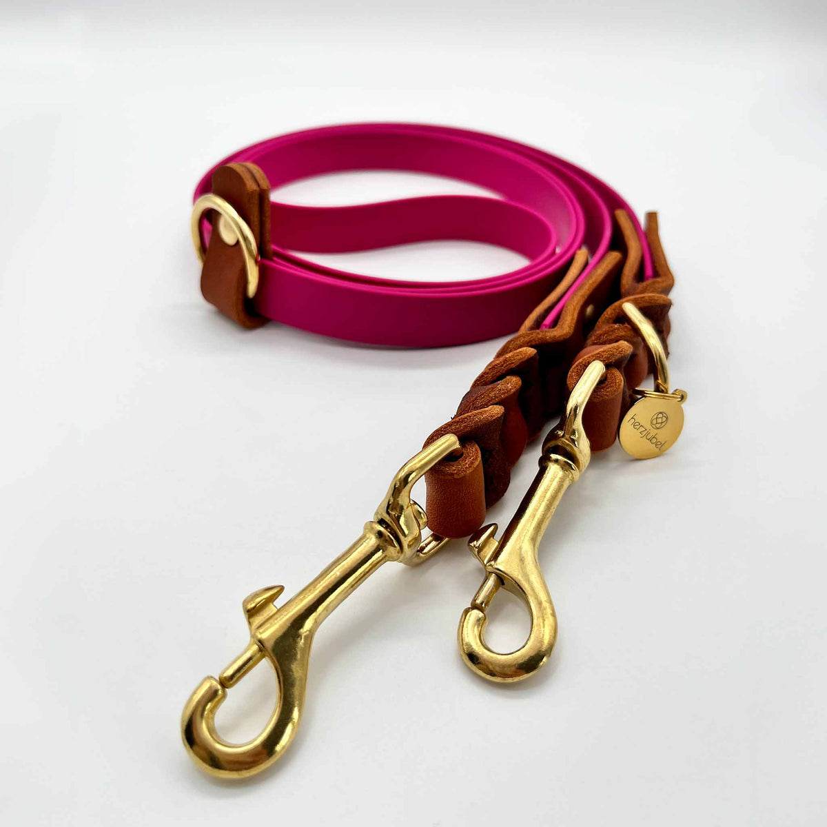 herzjubel Hundeleine Komfort Biothane x Leder magenta/cognac ⋙PINK PASSION WALKIE⋘