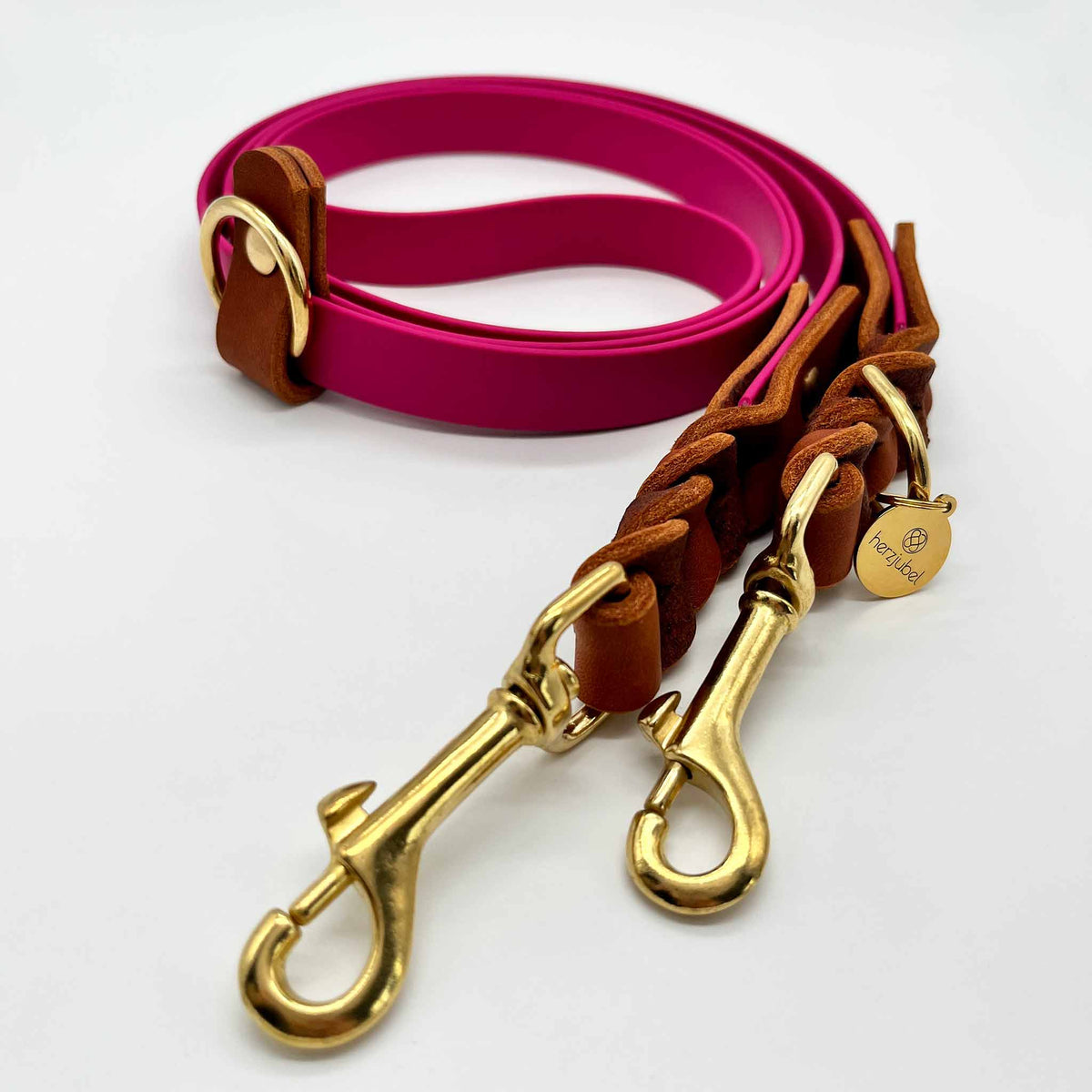 herzjubel Hundeleine Komfort Biothane x Leder magenta/cognac ⋙PINK PASSION WALKIE⋘