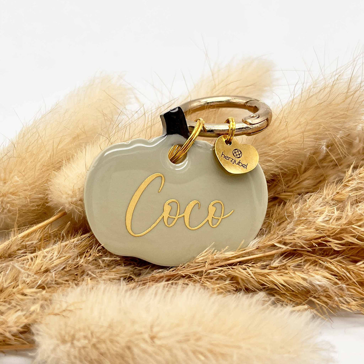 herzjubel Hundemarke Kürbis ⋙PUMPKIN LOVE⋘ in ästhetischem Greige mit goldenen Beschlägen und goldener Personalisierung